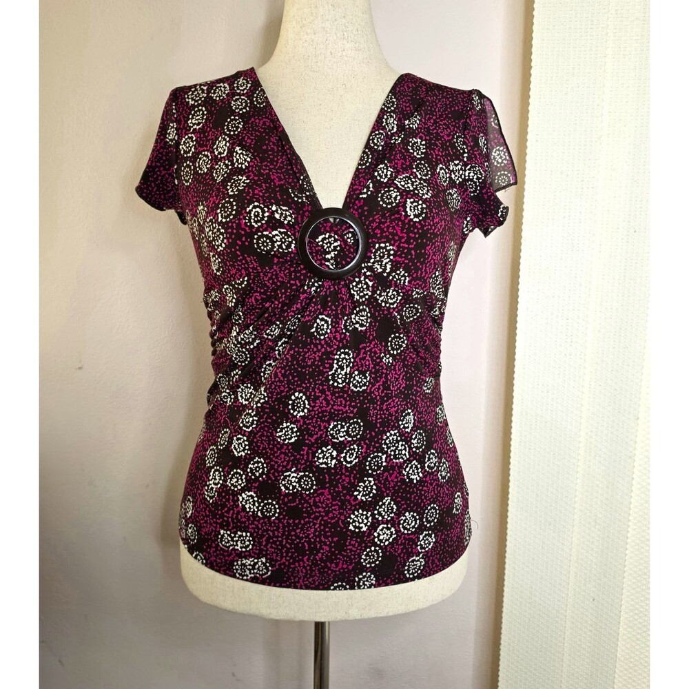 Susan Lawrence Y2K Women’s Floral V-Neck Short Sleeve Buckle Knit Top Size M